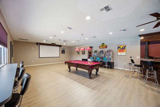 17207 Penick Rd, Waller, TX 77484 - rec room with baseboards, billiards table, light wood finished floors, recessed lighting, and a ceiling fan