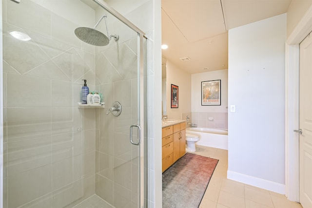 3333 Allen Pkwy Unit 1804, Houston, TX 77019 - bathroom featuring vanity, a stall shower, tile patterned floors, and a bath