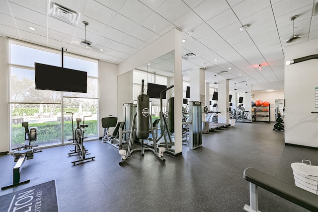 3333 Allen Pkwy Unit 1804, Houston, TX 77019 - exercise room with a high ceiling and expansive windows