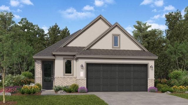 view of front facade with brick siding, stucco siding, driveway, and a garage