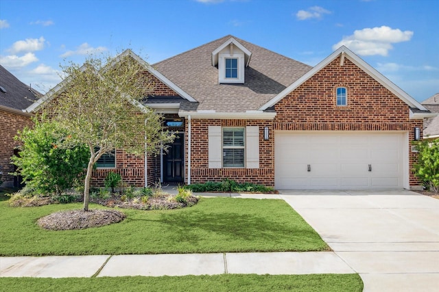 view of front of property featuring concrete driveway, an attached garage, a front yard, brick siding, and a shingled roof