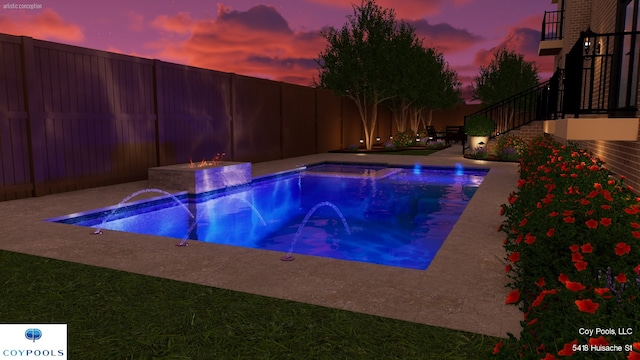 view of swimming pool featuring a fenced backyard, stairway, and a jacuzzi