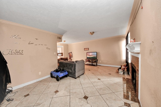 12041 Willow Trl, Houston, TX 77035 - living area with ornamental molding, a fireplace, and light tile patterned floors