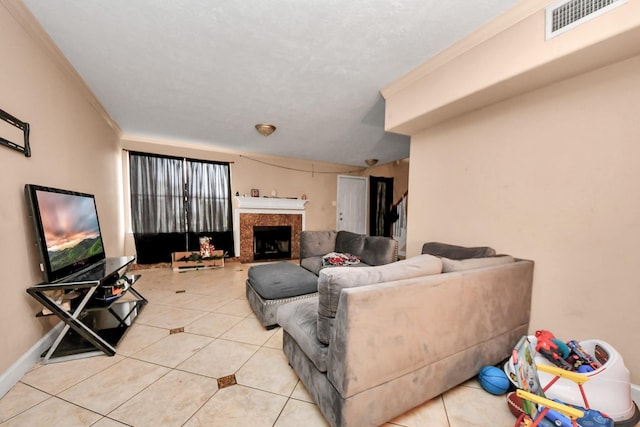 12041 Willow Trl, Houston, TX 77035 - living area featuring light tile patterned floors and a fireplace