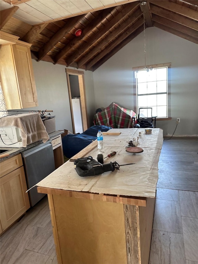 134 E N St, Goliad, TX 77963 - kitchen with light brown cabinets, wood ceiling, light wood-style flooring, a kitchen island, and light countertops