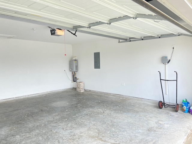 garage with a garage door opener, water heater, and electric panel