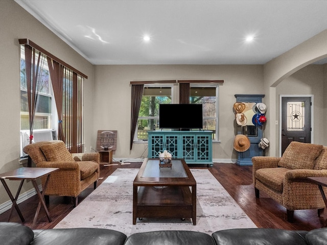 1151 County Line Rd, Shepherd, TX 77371 - living room featuring arched walkways, recessed lighting, baseboards, and wood finished floors