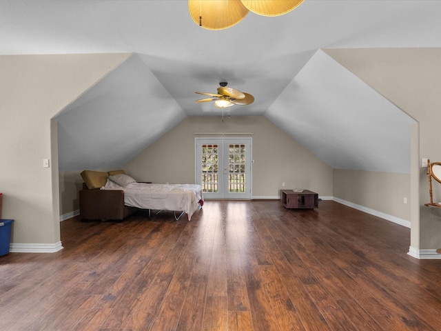1151 County Line Rd, Shepherd, TX 77371 - bedroom with hardwood / wood-style flooring, a ceiling fan, baseboards, and vaulted ceiling