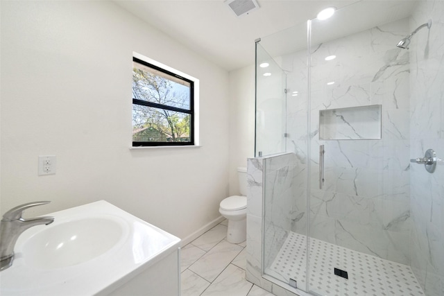 5610 Belarbor St, Houston, TX 77033 - bathroom featuring a marble finish shower, toilet, visible vents, and marble finish floor