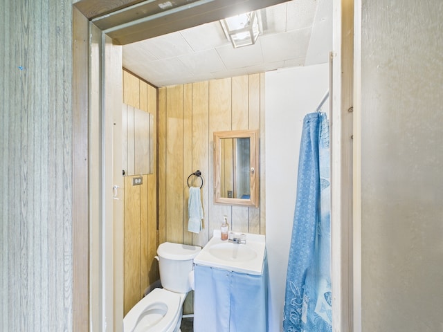bathroom with toilet, wood walls, and vanity