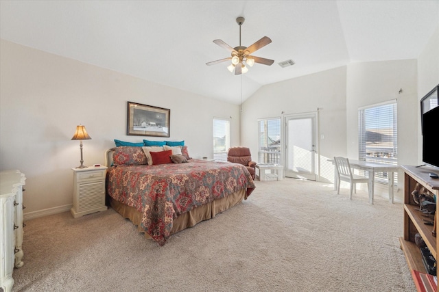 bedroom featuring a ceiling fan, light colored carpet, visible vents, baseboards, and access to outside