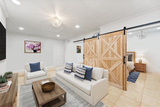 1518 Honea Egypt Rd, Magnolia, TX 77354 - living area with light tile patterned floors, visible vents, a barn door, crown molding, and recessed lighting