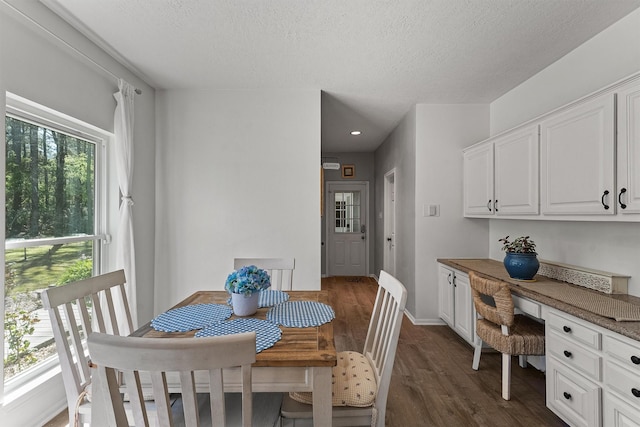 1518 Honea Egypt Rd, Magnolia, TX 77354 - dining area featuring baseboards, a textured ceiling, dark wood finished floors, recessed lighting, and built in study area