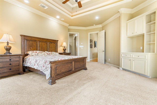 843 Royal Lakes Blvd, Richmond, TX 77469 - bedroom featuring visible vents, crown molding, baseboards, light colored carpet, and a tray ceiling