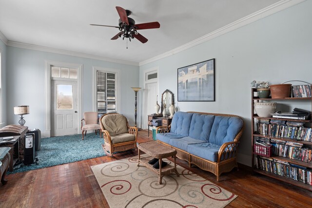 916 Sealy St, Galveston, TX 77550 - living room with hardwood / wood-style floors, a ceiling fan, and ornamental molding
