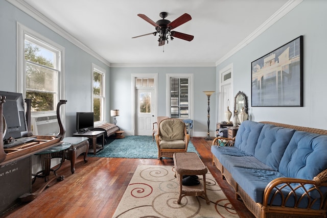 916 Sealy St, Galveston, TX 77550 - living area with cooling unit, baseboards, ornamental molding, ceiling fan, and hardwood / wood-style flooring