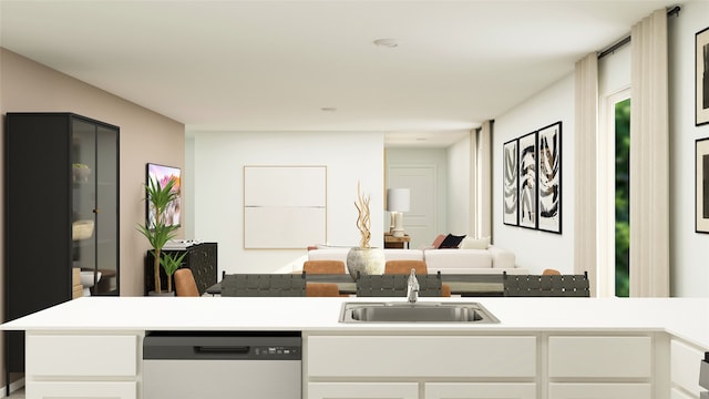 kitchen with a sink, white cabinetry, dishwasher, and light countertops