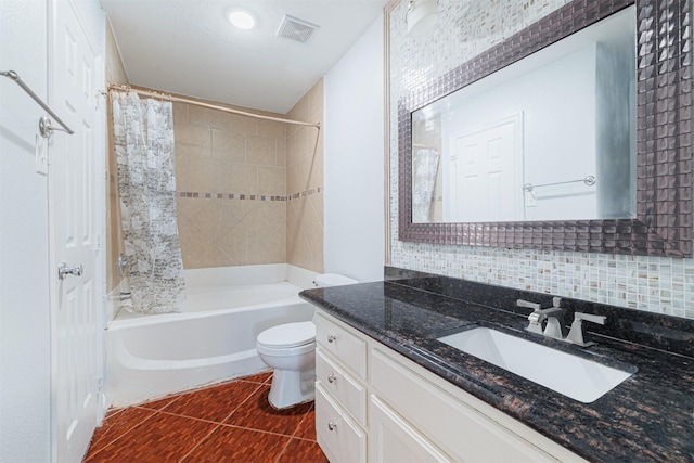 full bathroom featuring visible vents, backsplash, toilet, shower / bath combo, and tile patterned floors
