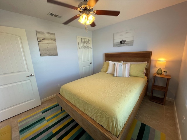 bedroom featuring a ceiling fan, baseboards, and visible vents