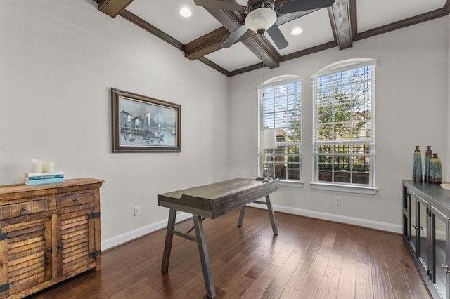 1038 Bolivar Point Ln, Friendswood, TX 77546 - office area with a ceiling fan, baseboards, coffered ceiling, beamed ceiling, and dark wood finished floors