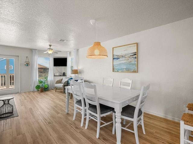 127 Howard, Surfside Beach, TX 77541 - dining area with a textured ceiling, visible vents, light wood-style floors, and a ceiling fan