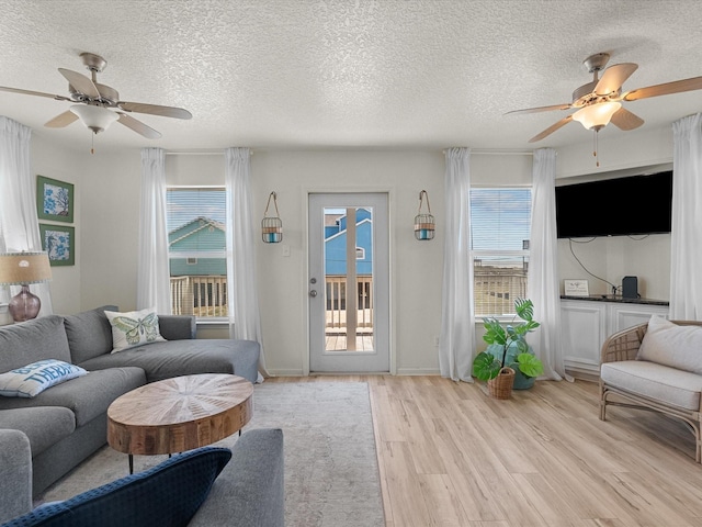 127 Howard, Surfside Beach, TX 77541 - living room featuring a textured ceiling, a ceiling fan, and light wood finished floors