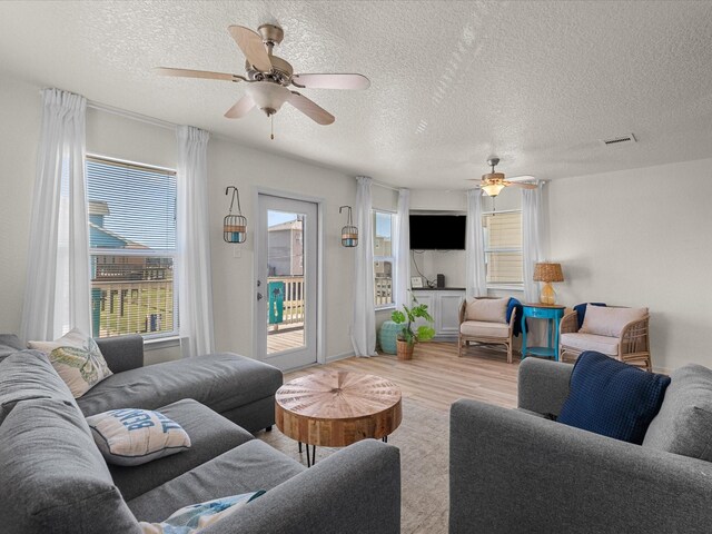 127 Howard, Surfside Beach, TX 77541 - living room with a textured ceiling, visible vents, light wood-style floors, and a ceiling fan