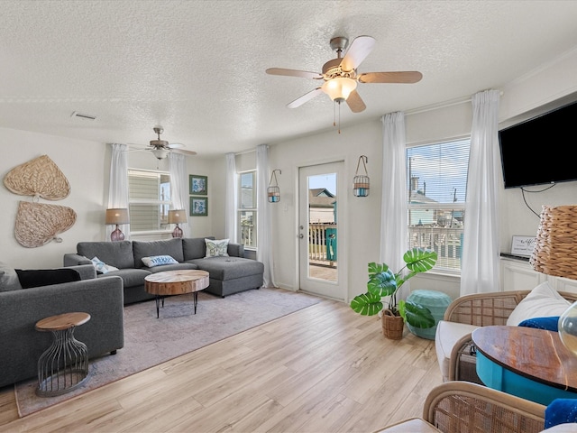 127 Howard, Surfside Beach, TX 77541 - living area featuring a textured ceiling, visible vents, light wood-style flooring, and a ceiling fan