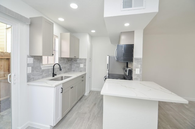10501 S Dr Unit 300, Houston, TX 77099 - kitchen with a sink, visible vents, light stone countertops, and light wood-style floors