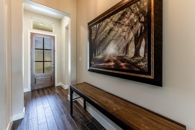 doorway to outside with baseboards and dark wood-type flooring