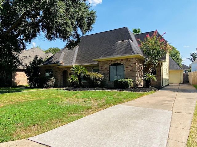 14959 Royal Birkdale St, Houston, TX 77095 - view of front of home featuring concrete driveway, roof with shingles, a front lawn, brick siding, and a garage