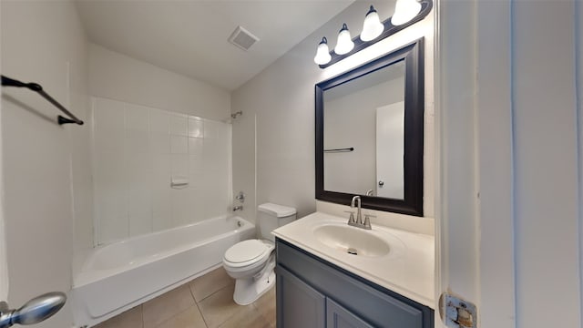 full bath with tile patterned flooring, toilet, shower / bathtub combination, vanity, and visible vents