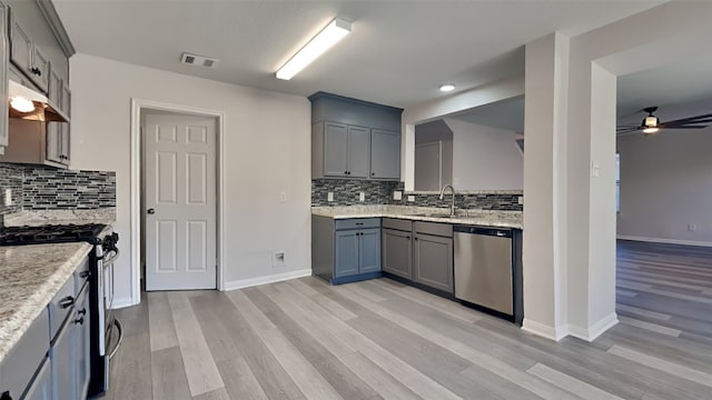 kitchen featuring a sink, visible vents, backsplash, gray cabinetry, and appliances with stainless steel finishes