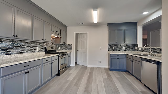 kitchen featuring tasteful backsplash, a sink, appliances with stainless steel finishes, visible vents, and under cabinet range hood