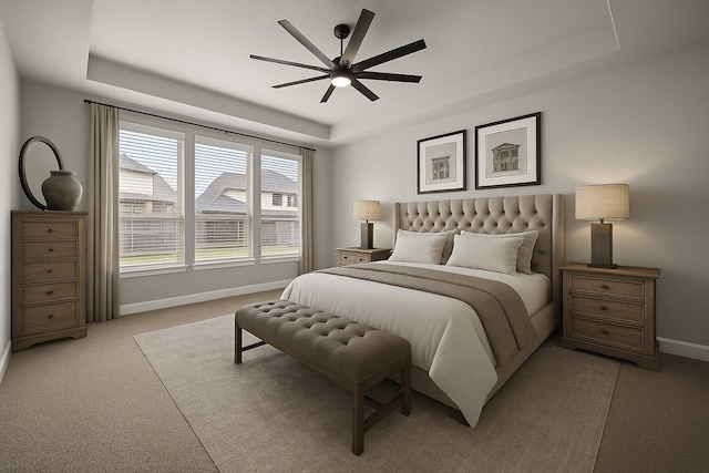 4411 Windy Oaks Dr, Fulshear, TX 77441 - bedroom with a tray ceiling, baseboards, carpet flooring, and ceiling fan