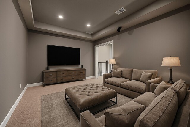 4411 Windy Oaks Dr, Fulshear, TX 77441 - living room featuring light carpet, baseboards, a raised ceiling, and recessed lighting