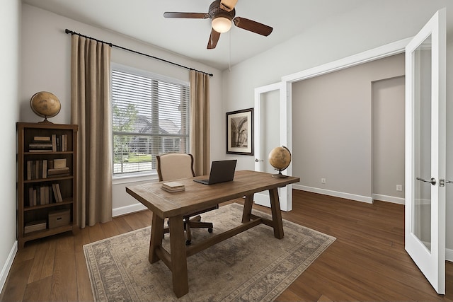 4411 Windy Oaks Dr, Fulshear, TX 77441 - office with baseboards, dark wood-style floors, and ceiling fan