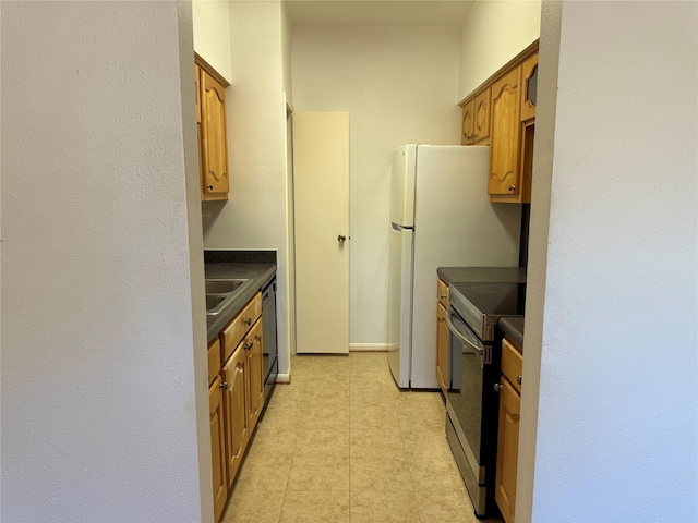 9850 Pagewood Ln Unit 1001, Houston, TX 77042 - kitchen with electric range, dark countertops, dishwasher, brown cabinetry, and a sink
