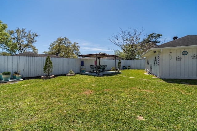 view of yard with a fenced backyard and a patio