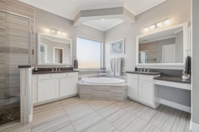 17934 Wichita River Way, Cypress, TX 77433 - full bathroom with a stall shower, a sink, two vanities, a bath, and ornamental molding