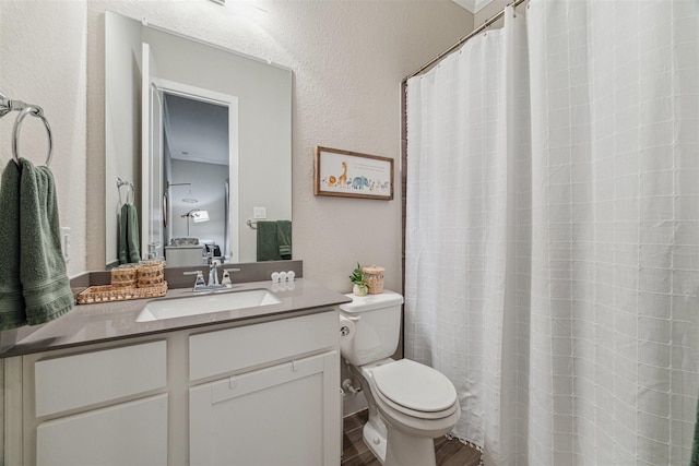17934 Wichita River Way, Cypress, TX 77433 - full bath featuring toilet, a shower with curtain, wood finished floors, vanity, and a textured wall