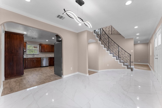 interior space with visible vents, marble finish floor, ornamental molding, recessed lighting, and arched walkways