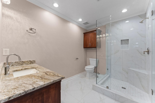 bathroom with a marble finish shower, crown molding, toilet, baseboards, and marble finish floor