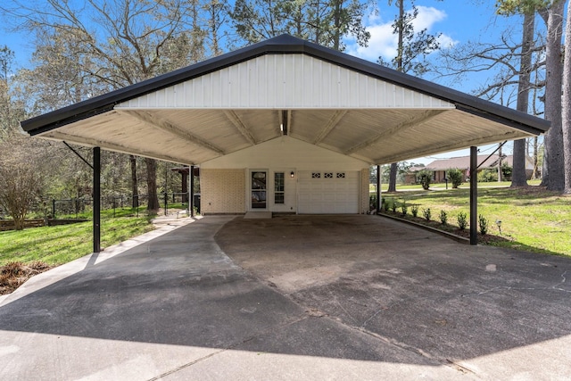 view of parking featuring fence and a garage