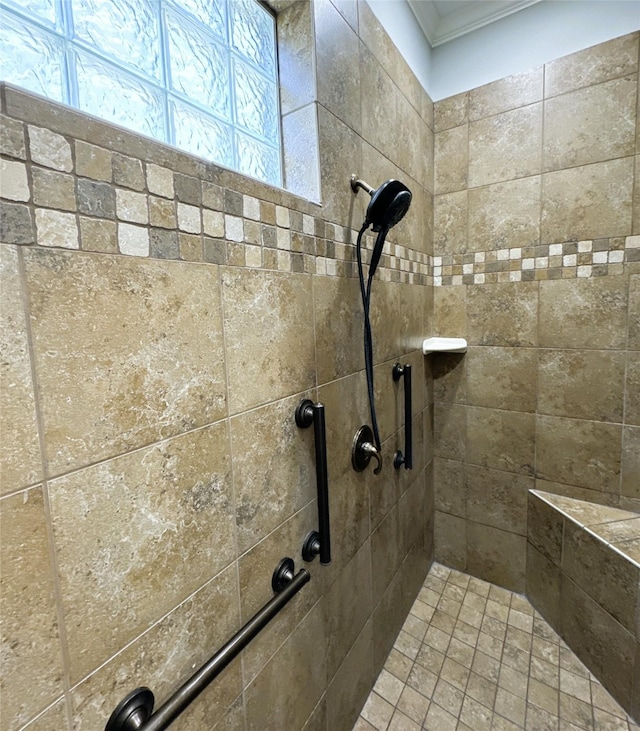 270 Lake Grove Dr, Coldspring, TX 77331 - bathroom with ornamental molding and a tile shower