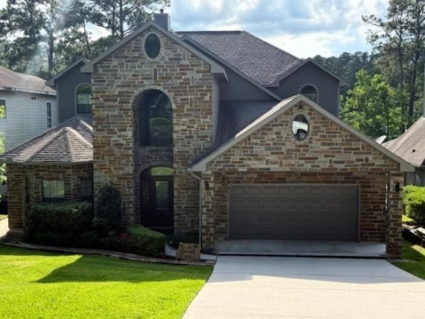 270 Lake Grove Dr, Coldspring, TX 77331 - french provincial home featuring driveway, an attached garage, a chimney, a front yard, and stone siding