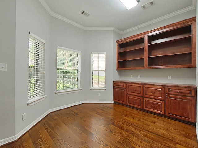 270 Lake Grove Dr, Coldspring, TX 77331 - unfurnished office featuring dark wood-style floors, ornamental molding, and baseboards