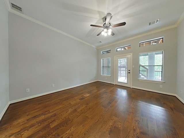 270 Lake Grove Dr, Coldspring, TX 77331 - empty room with ornamental molding, baseboards, a ceiling fan, and dark wood-type flooring