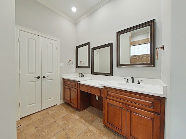 270 Lake Grove Dr, Coldspring, TX 77331 - full bathroom with double vanity, stone tile floors, ornamental molding, and baseboards