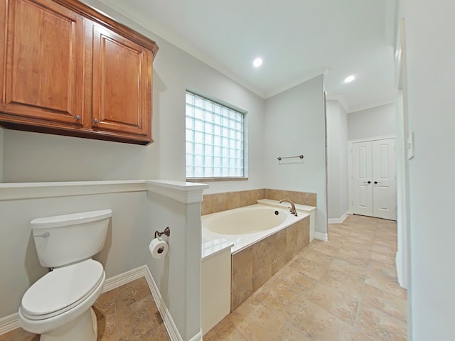 270 Lake Grove Dr, Coldspring, TX 77331 - full bath with crown molding, a bath, stone tile floors, and toilet
